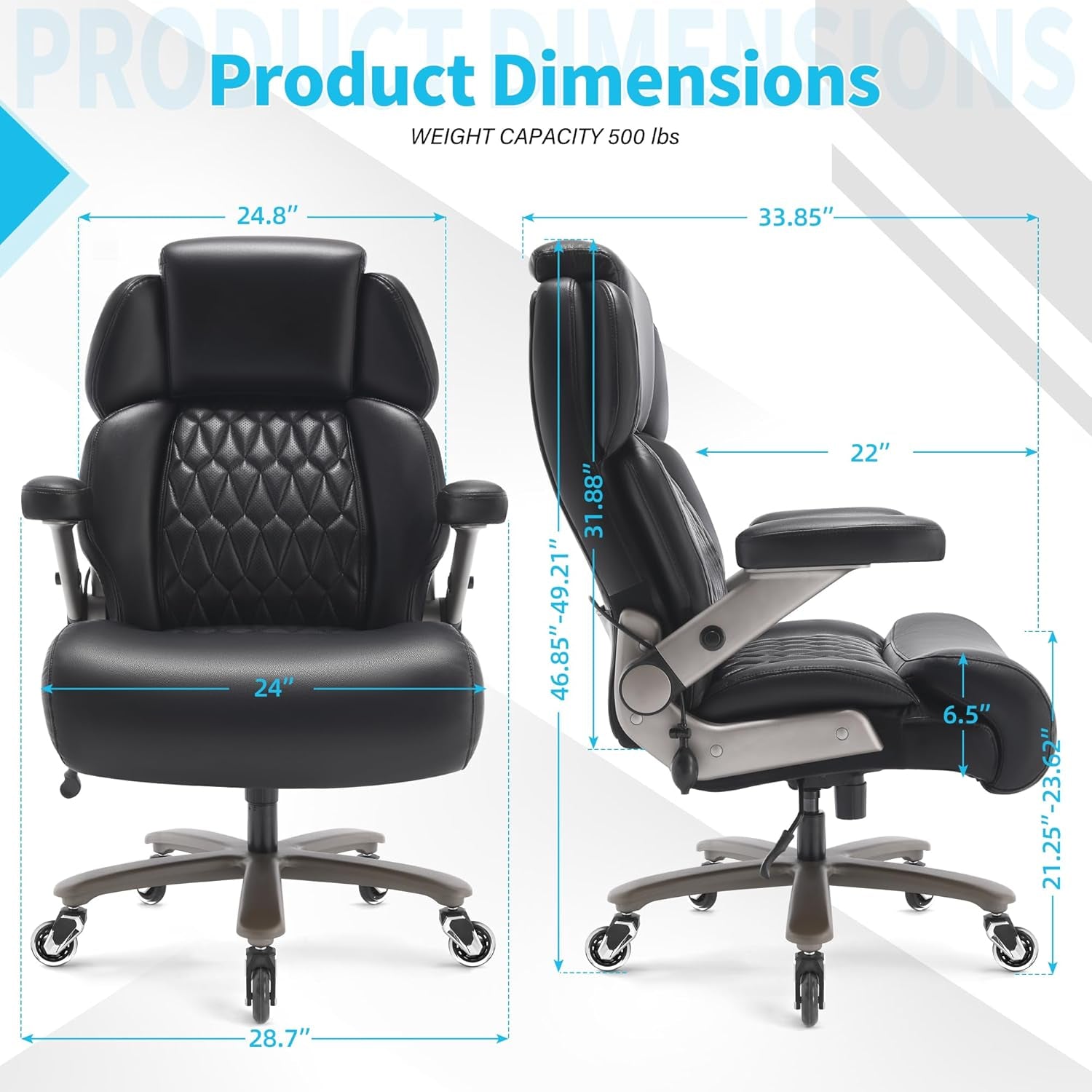 Big and Tall Office Chair 500Lbs - Adjustable Headrest&Lumbar Support, 3D Flip Arms, Large Wheels &Heavy Duty Metal Base, Ergonomic High Back Computer Chair Desk Chair, Thick Padded Extra Wide Seat