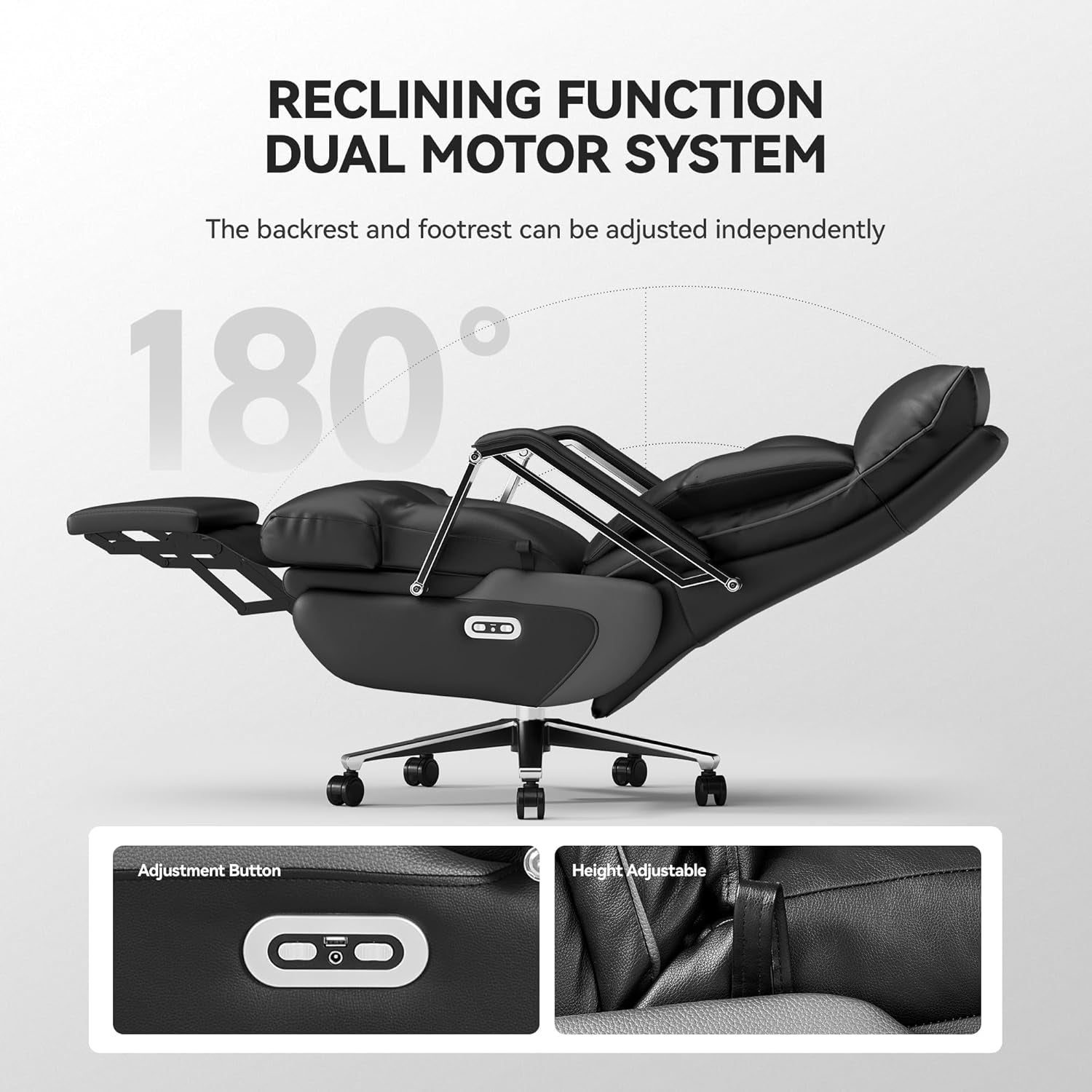 Dual Motor Electric Executive Office Chair with Foot Rest, Comfortable Reclining Office Chair Wide Seat, Big and Tall Ergonomic Leather Home Office Desk Chair 420Lbs, High Back (Black)
