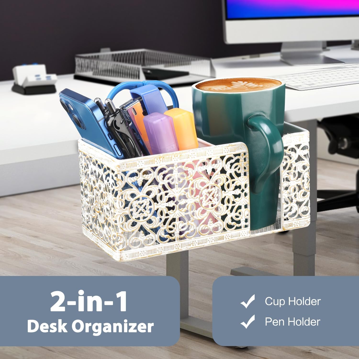 Desk Organizer with Clip, Pencil, Phone Holders & Beverage Storage