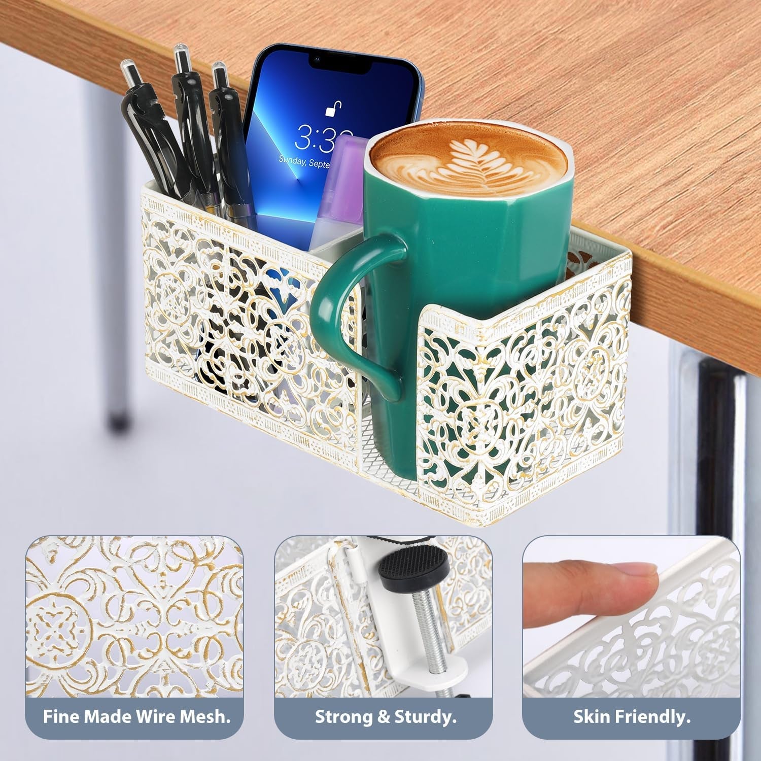 Desk Organizer with Clip, Pencil, Phone Holders & Beverage Storage