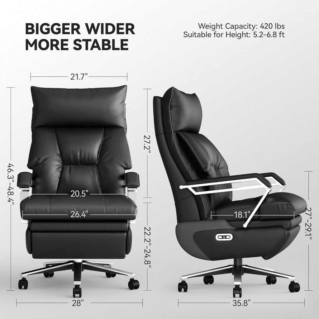 Dual Motor Electric Executive Office Chair with Foot Rest, Comfortable Reclining Office Chair Wide Seat, Big and Tall Ergonomic Leather Home Office Desk Chair 420Lbs, High Back (Black)