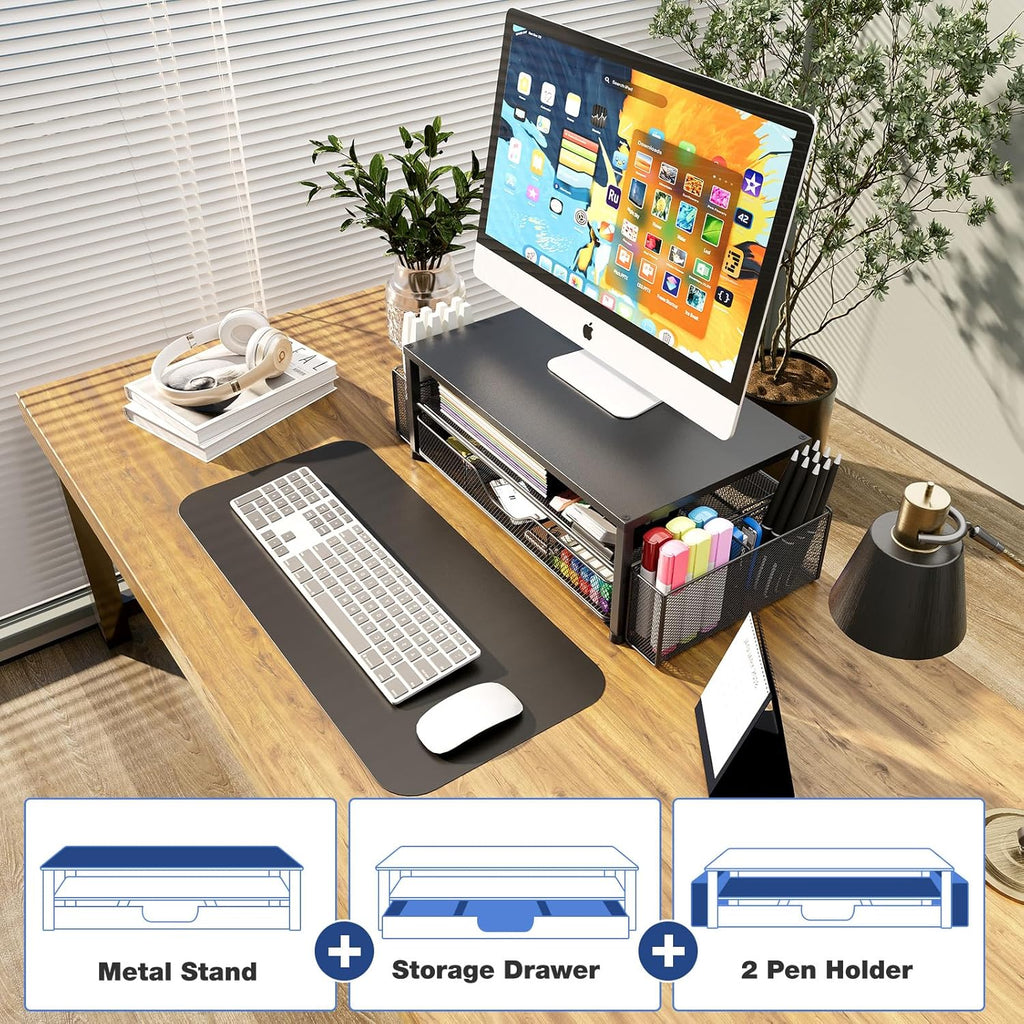 Dual-Tier Monitor Stand with Drawer & 2 Pen Holders
