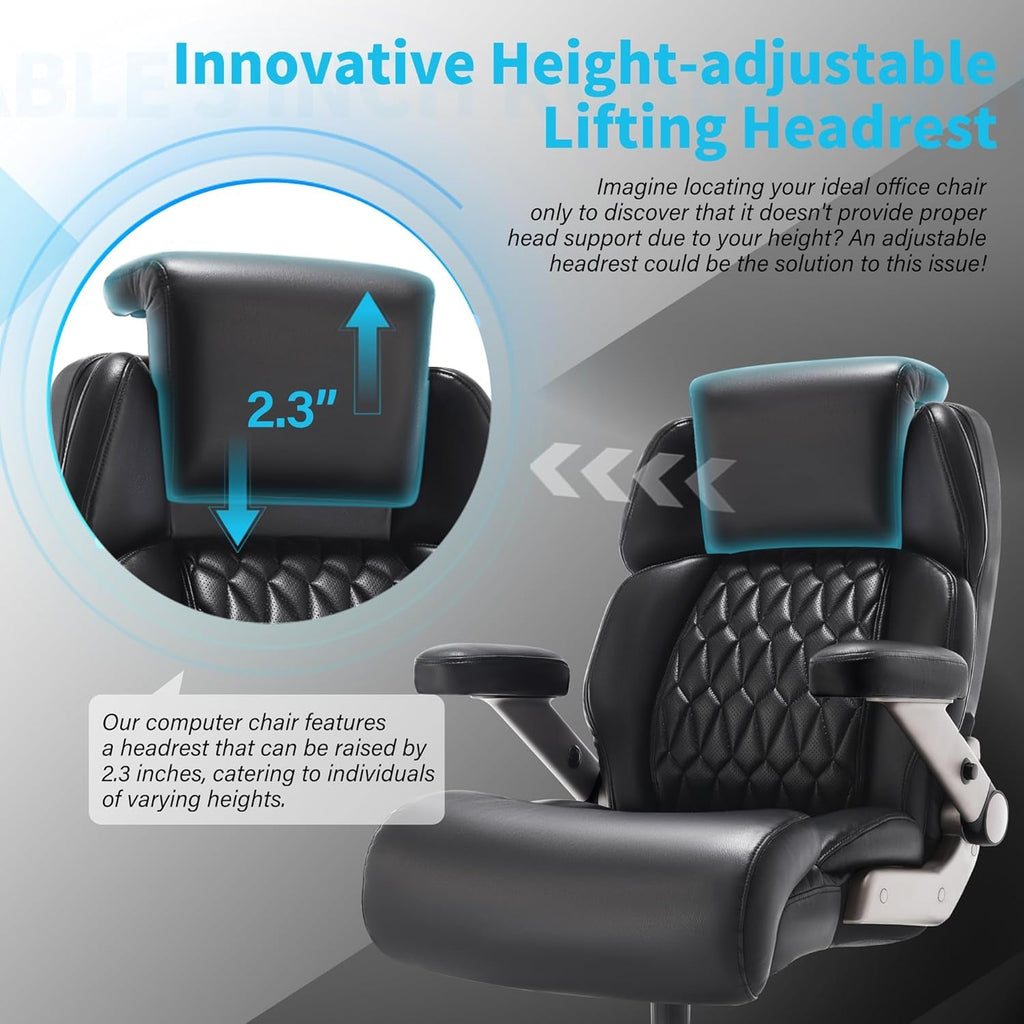 Big and Tall Office Chair 500Lbs - Adjustable Headrest&Lumbar Support, 3D Flip Arms, Large Wheels &Heavy Duty Metal Base, Ergonomic High Back Computer Chair Desk Chair, Thick Padded Extra Wide Seat