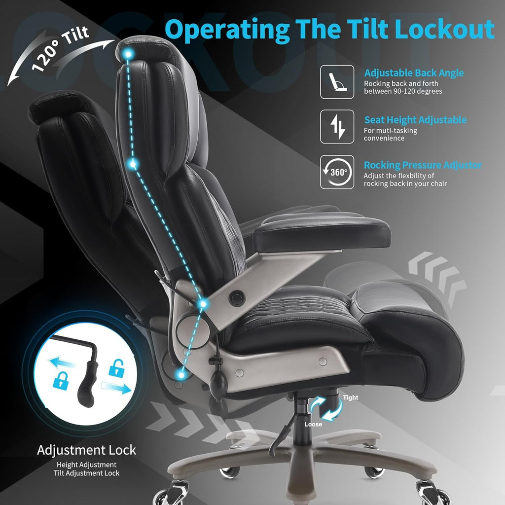 Big and Tall Office Chair 500Lbs - Adjustable Headrest&Lumbar Support, 3D Flip Arms, Large Wheels &Heavy Duty Metal Base, Ergonomic High Back Computer Chair Desk Chair, Thick Padded Extra Wide Seat