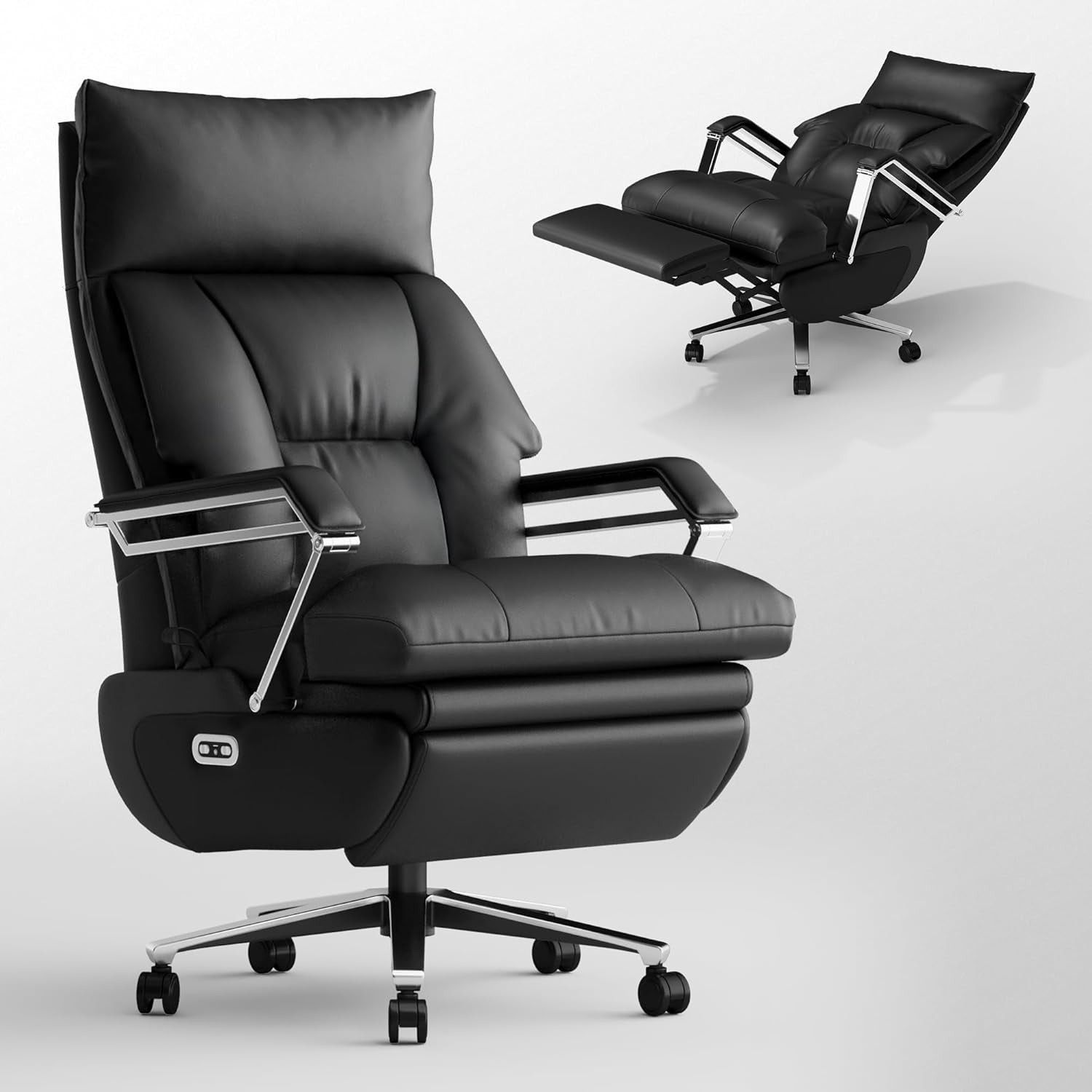 Dual Motor Electric Executive Office Chair with Foot Rest, Comfortable Reclining Office Chair Wide Seat, Big and Tall Ergonomic Leather Home Office Desk Chair 420Lbs, High Back (Black)