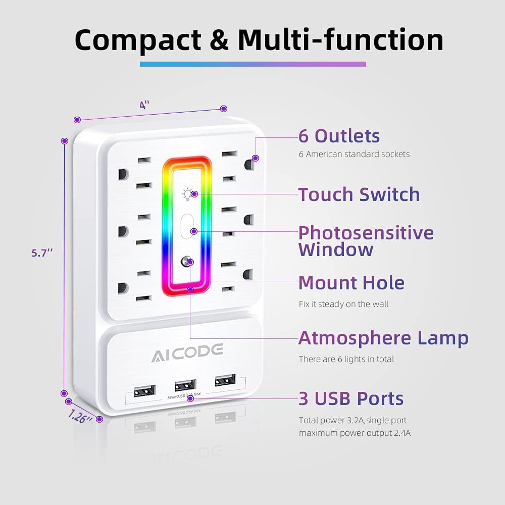9-in-1 Outlet Extender & Surge Protector with 3 USB Ports