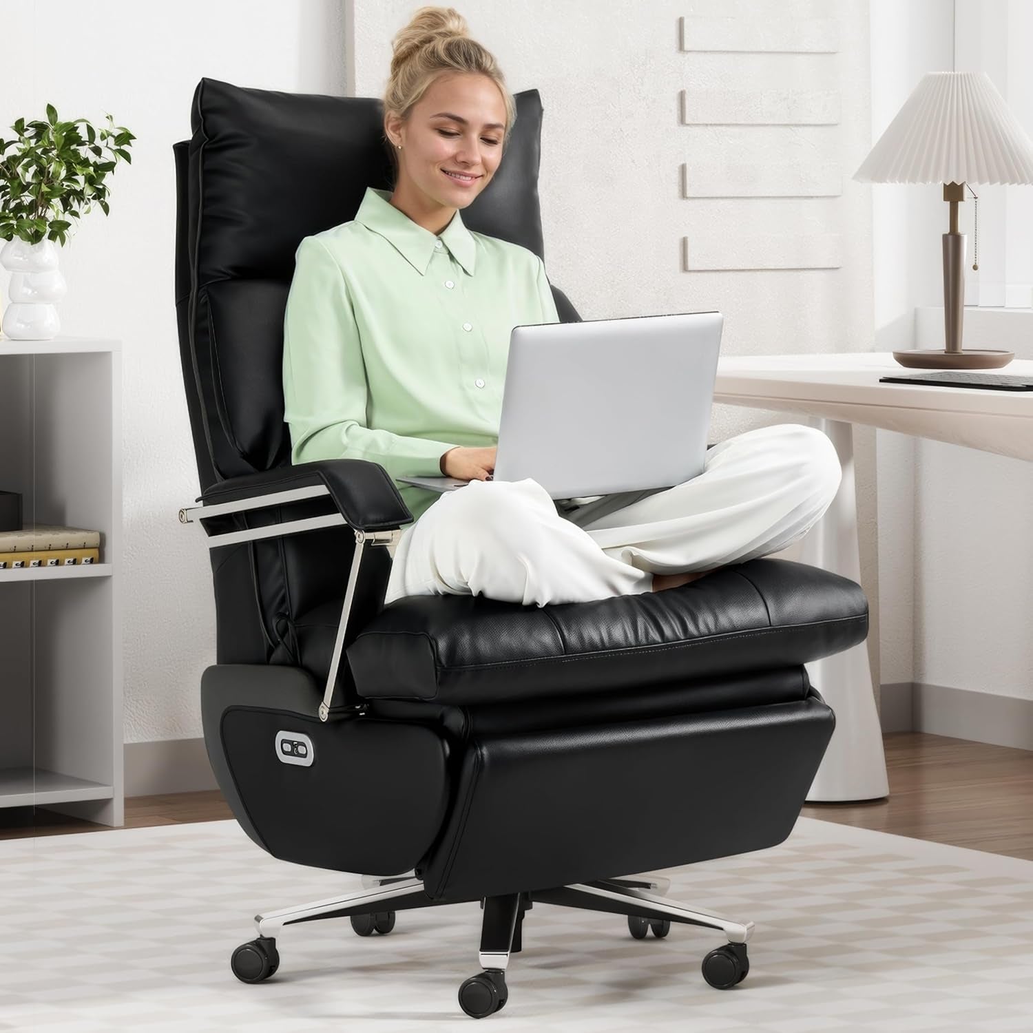 Dual Motor Electric Executive Office Chair with Foot Rest, Comfortable Reclining Office Chair Wide Seat, Big and Tall Ergonomic Leather Home Office Desk Chair 420Lbs, High Back (Black)