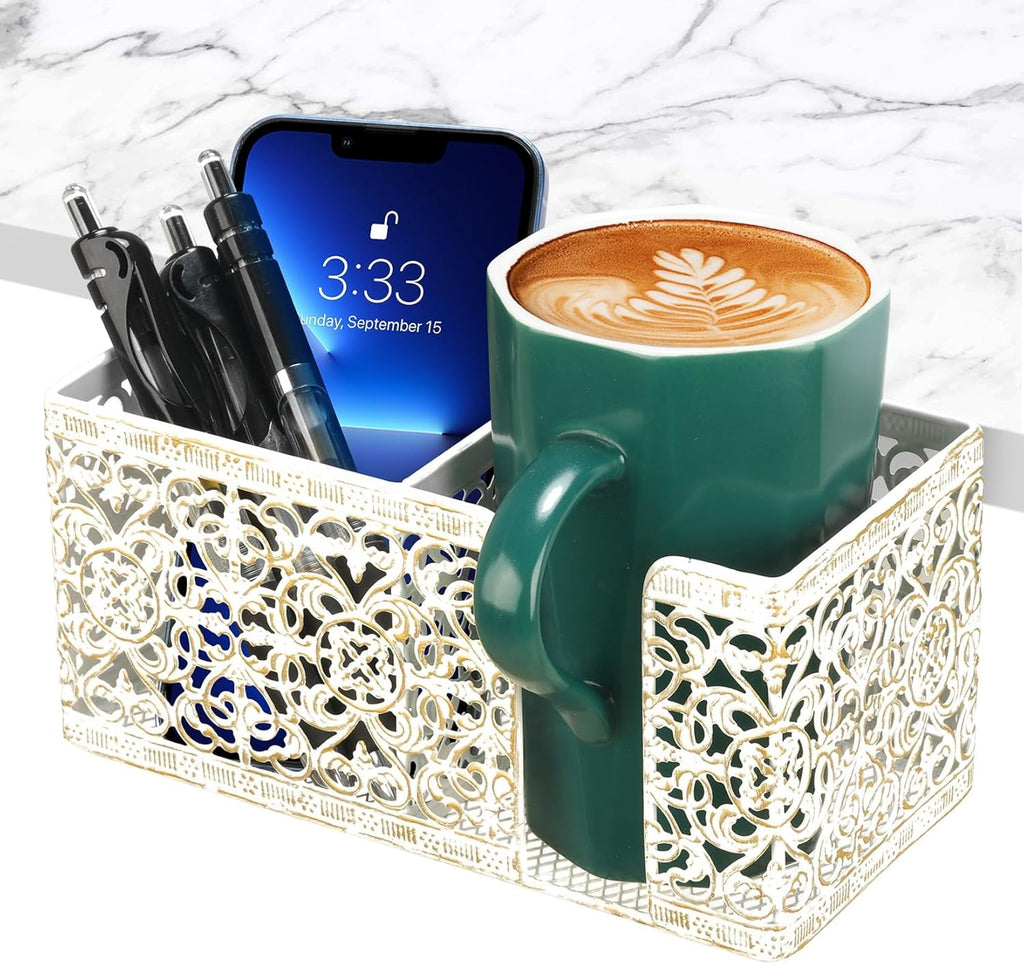 Desk Organizer with Clip, Pencil, Phone Holders & Beverage Storage