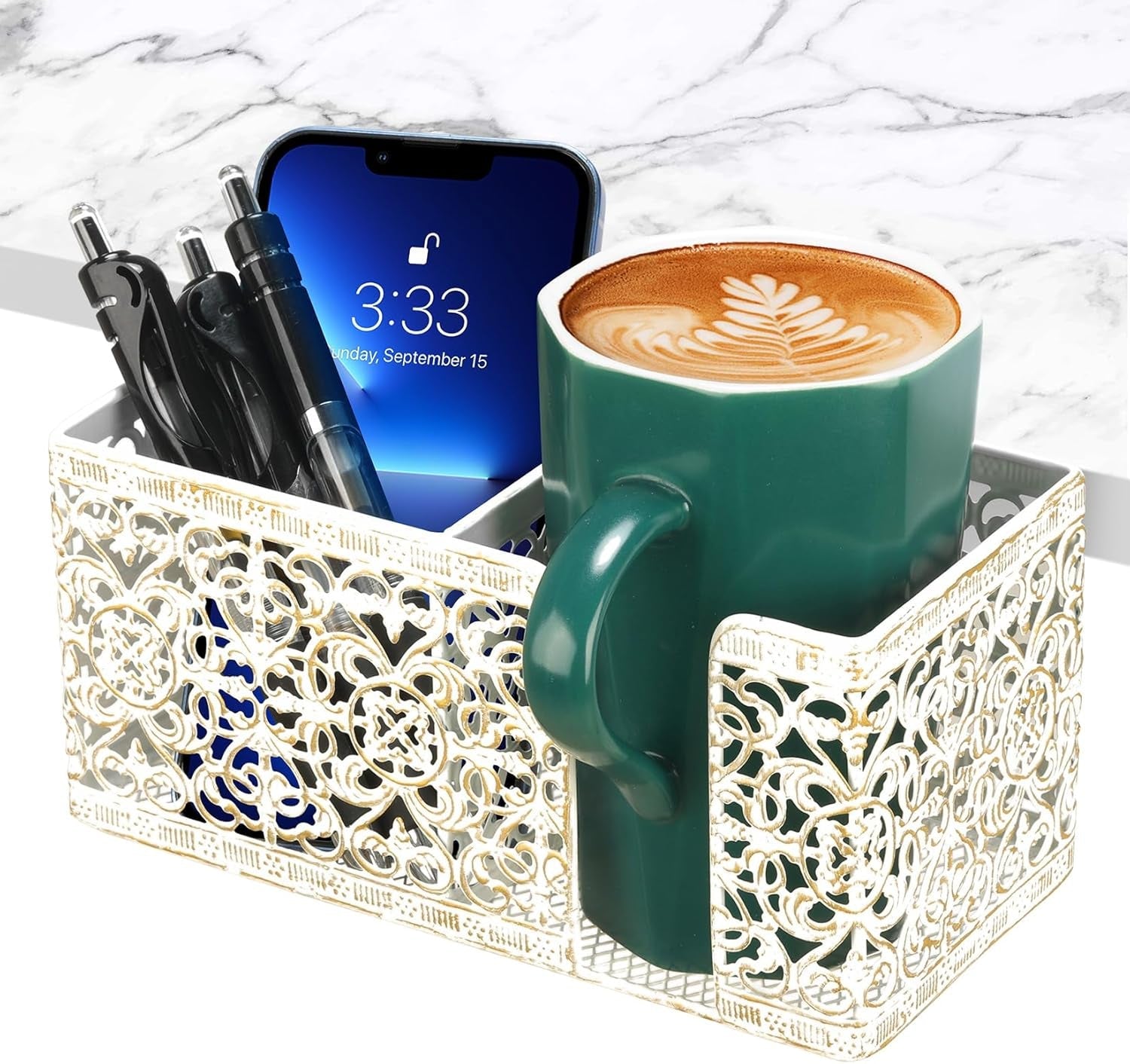 Desk Organizer with Clip, Pencil, Phone Holders & Beverage Storage
