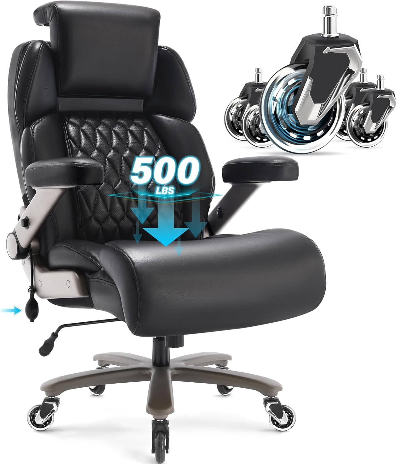Big and Tall Office Chair 500Lbs - Adjustable Headrest&Lumbar Support, 3D Flip Arms, Large Wheels &Heavy Duty Metal Base, Ergonomic High Back Computer Chair Desk Chair, Thick Padded Extra Wide Seat